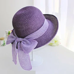 Summer Women's Straw Hat Rolled Edge Bow Breathable Sunscreen Large Eaves Hundred Sun Hat Shading Sun Beach Seaside Foldable