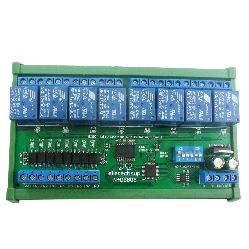 

8-канальный релейный модуль RS485 с протоколом Modbus RTU, корпусом на DIN-рейку, платой расширения ПЛК, 8 входов, 8 выходов