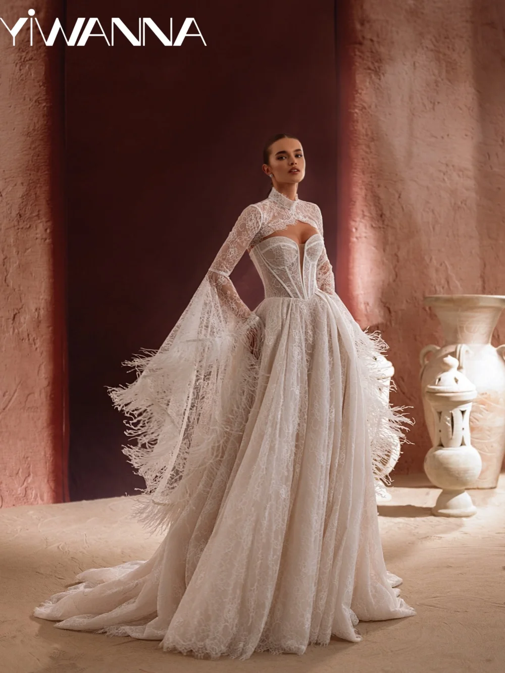 Feathered Detachable Sleeve Wedding Dress Dreamy Floral Lace Bridal Gown Customized A-line Floor-length Dresses For Bride