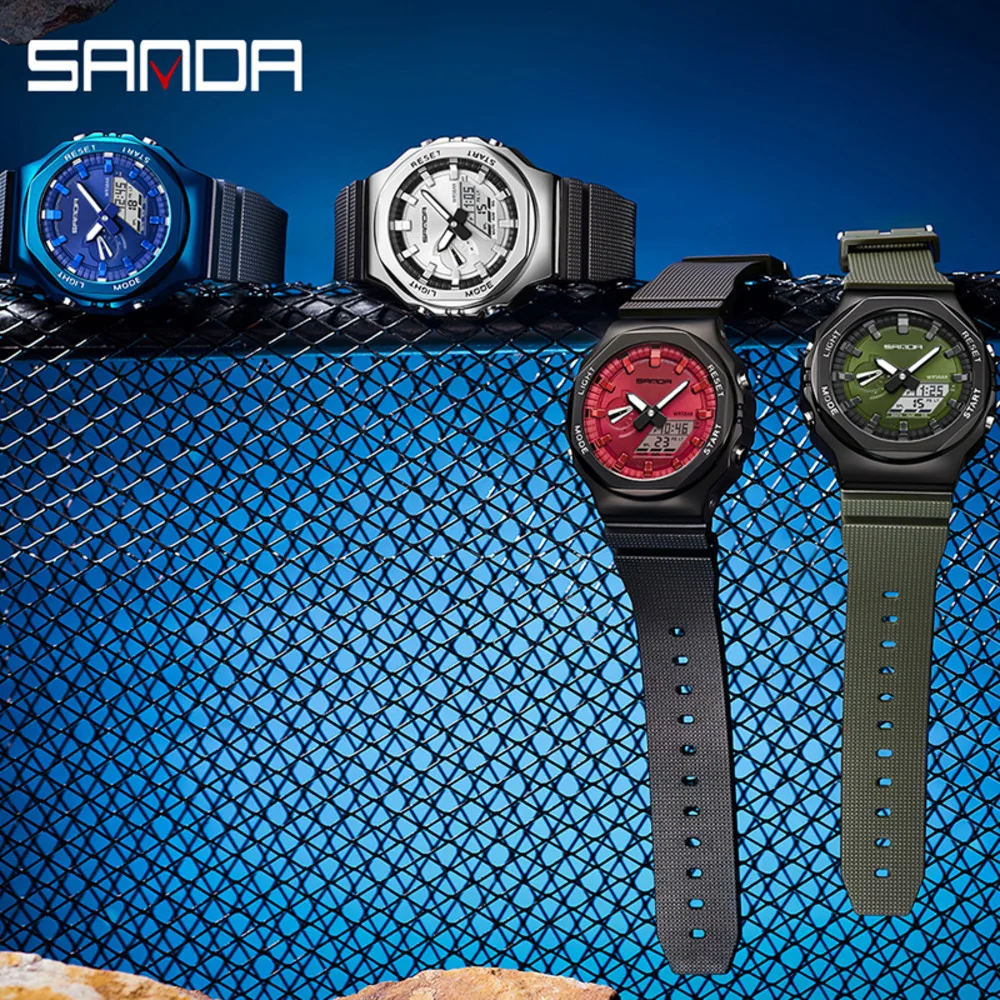 SANDA-Reloj de pulsera deportivo para hombre, cronógrafo de cuarzo con doble pantalla LED, resistente al agua hasta 50M, a la moda, 3167