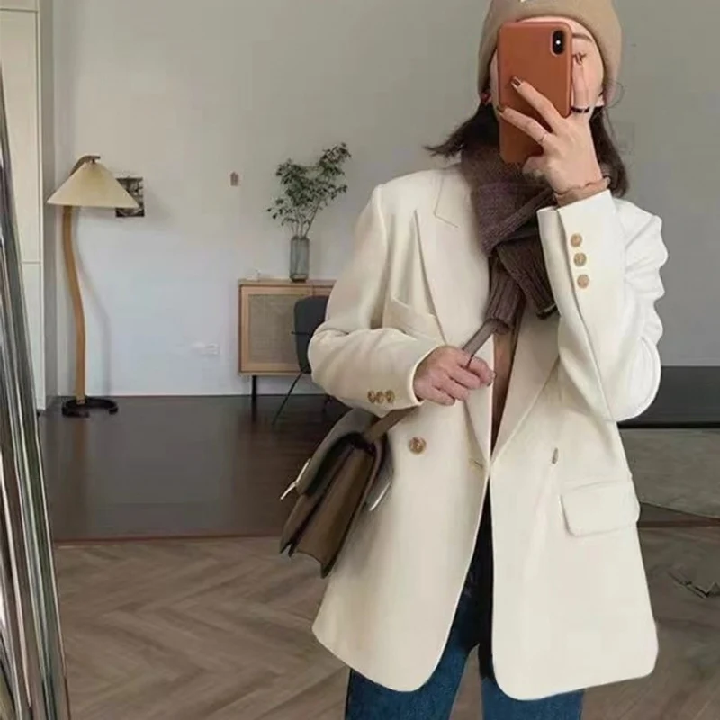 الكورية الأبيض دعوى معطف المرأة أنيقة طويلة الأكمام التلبيب الحلل للمرأة الخريف الشتاء زر واحد بلون سترة الأعمال