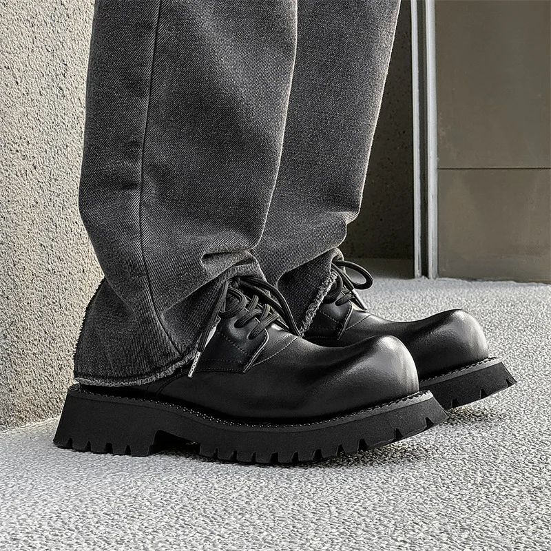 large size men fashion wedding party platform shoes lace-up derby shoe black stylish sneakers big toe original leather footwear
