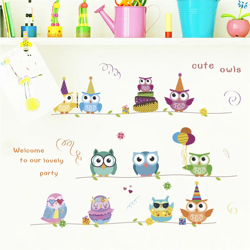 Cute Owls Party Wall Stickers For Kids Bedroom Bedroom Decoration Cartoon Safari Owlet Mural Art Diy Birds Home Decal Poster