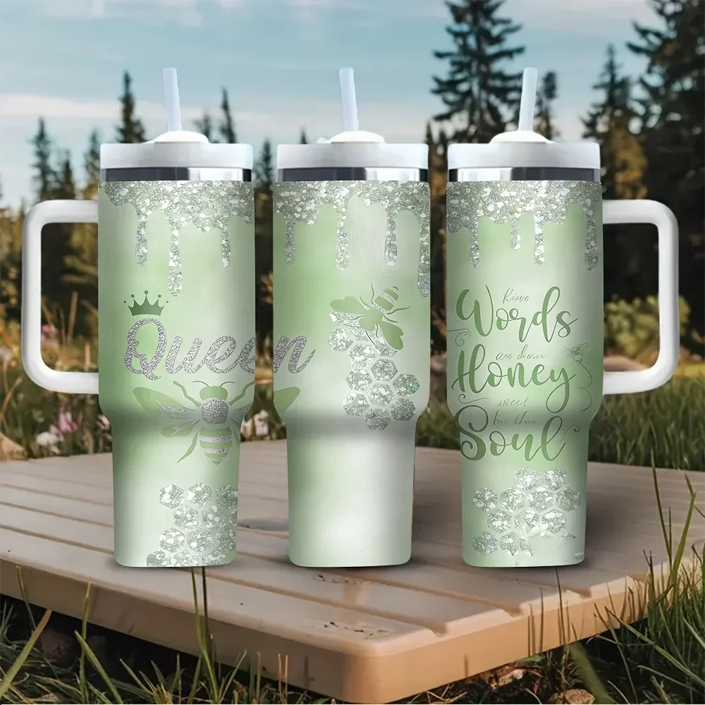 Green 40oz Tumbler with Handle, Queen Bee Honey Theme Print, Suitable for Women, Ideal for Travel Camping Daily Use, Suitable for Both Hot And Cold Drinksorders for other colors will be shipped randomly in black or white