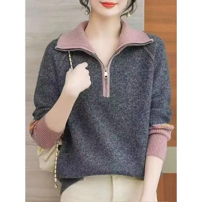 

Свитер на молнии с лацканами, женское пальто, новинка 2025, осень-зима, корейский пуловер, куртка, искусственный двухсекционный трикотаж, верхняя нижняя рубашка, женская