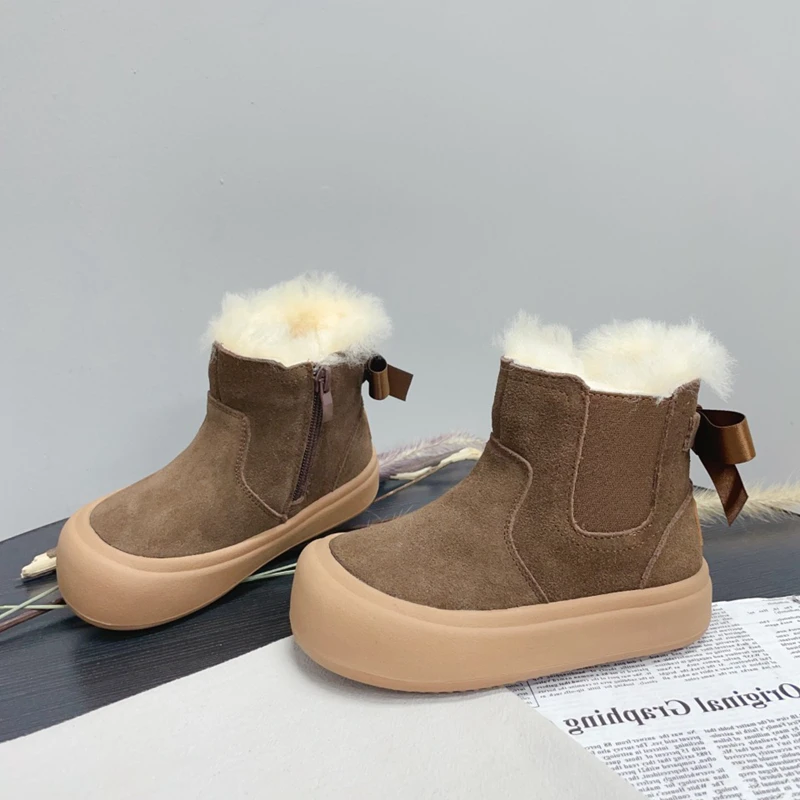 2024 Genuine Leather Girls Snow Boots With Fur Plush,Solid Suede Bowtie-knot Winter Shoes For Children Girls,Baby Warm Boots