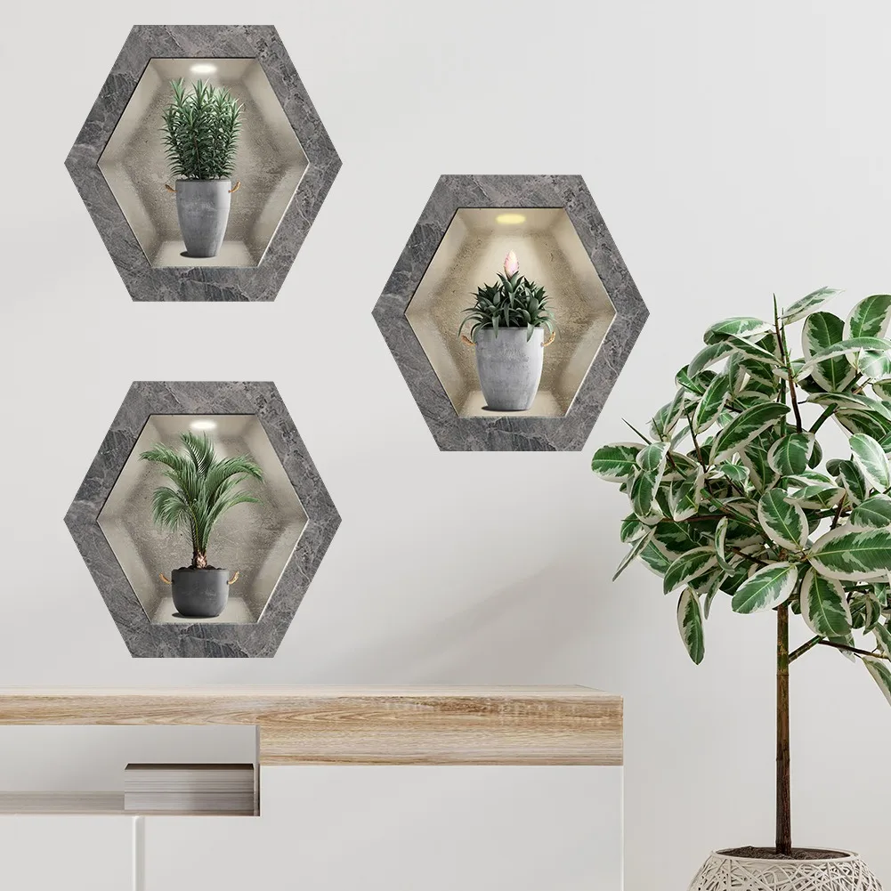 Tropical Green Plants Potted Hexagonal Photo Frame Wall Stickers For Decorating Living Rooms