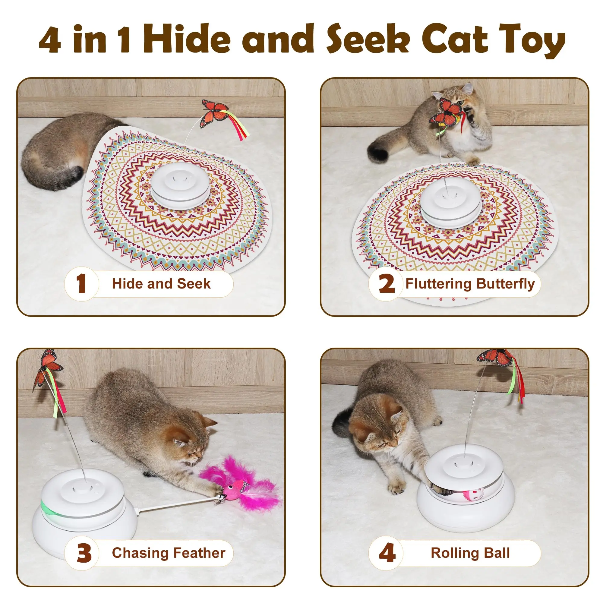 Cat Toys Rechargeable, 4 in 1 Hide and Seek Kitten Wand Toy, Automatic InteractiveToy for, Fluttering Butterfly, Chasing Feather