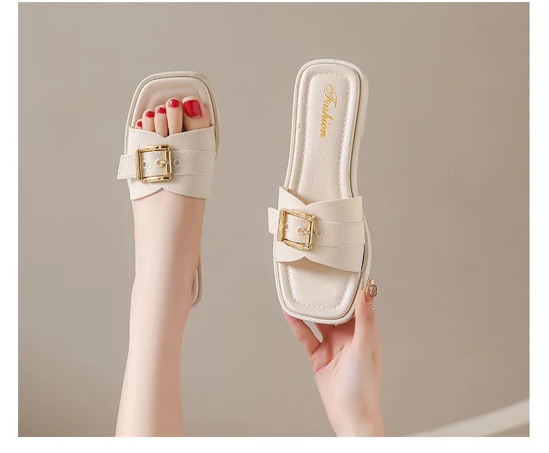 Frauen Flache Hausschuhe Sommer Leder Karree Frauen Wohnungen Flip-Flops Designer Damen Rutschen Sandalen Frauen Schuhe Luxus Sandalen – Detail 16
