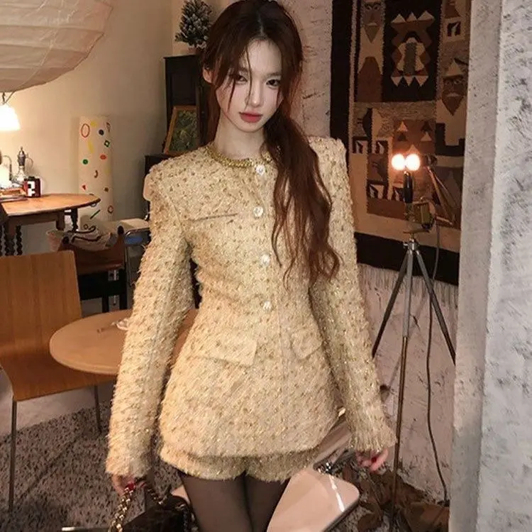 

Thousands Of Gold Two-Piece Set Pure Desire Slimming Temperament Jacket Shorts With Cardigan 2024 Suit New Autumn