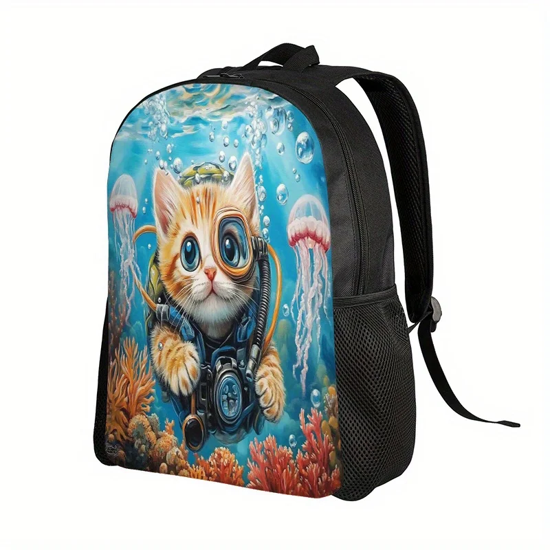 

Рюкзак с принтом кошки для подводных приключений - милый оранжевый котенок-табби в очках с дизайном морских обитателей