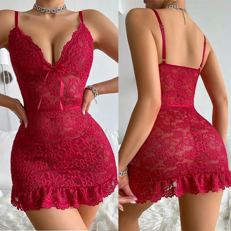 Women Floral Lace Bra Set Sexy Nightwears+Thongs Transparent Lace Mini Dress Sheer Erotic Shapewear Night Dress