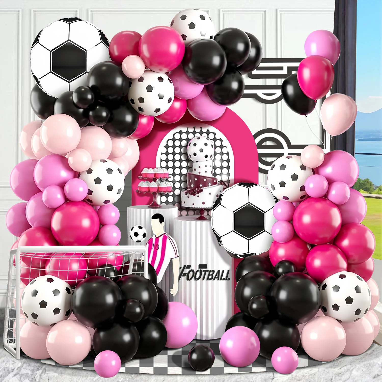 119-teiliges Rosa und Schwarzes Fußball-Themen-Ballonbogen-Set, Kombiniert mit Fußball-Bedruckten Luftballons und Fußball-Aluminiumfolie