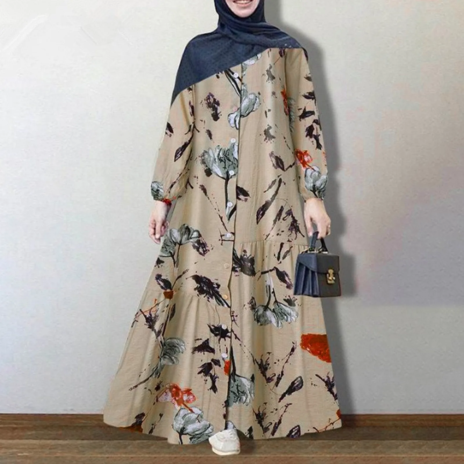 Vintage Floral Printed Sundress Autumn Long Sleeve Loose Maxi Long Vestido Women Retro Dubai Abaya Turkey Hijab Dress