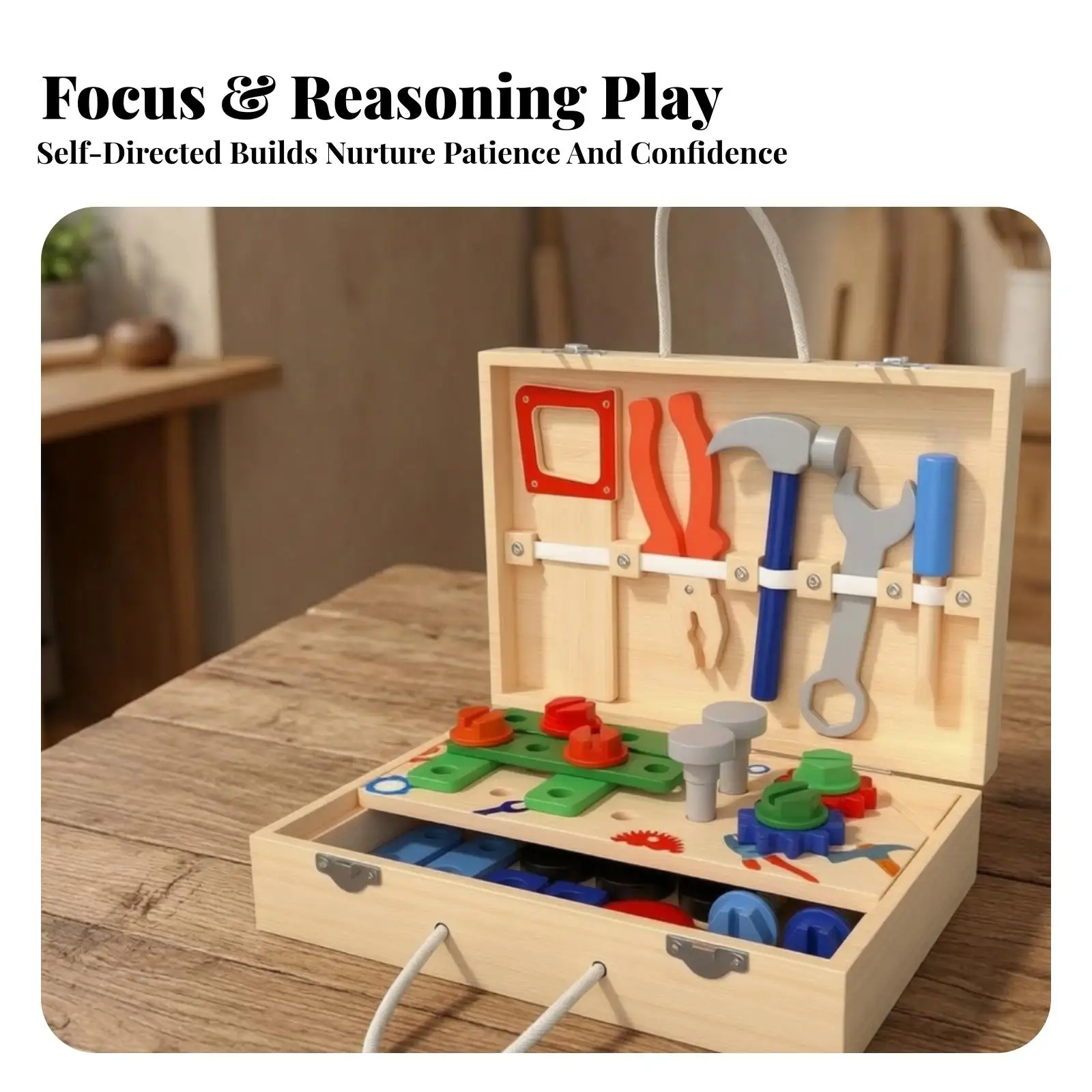 Montessori Wooden Toy Toolbox Set for Children 3D Puzzle Style Construction Learning Basic Life Skills with Hinged Lid Storage