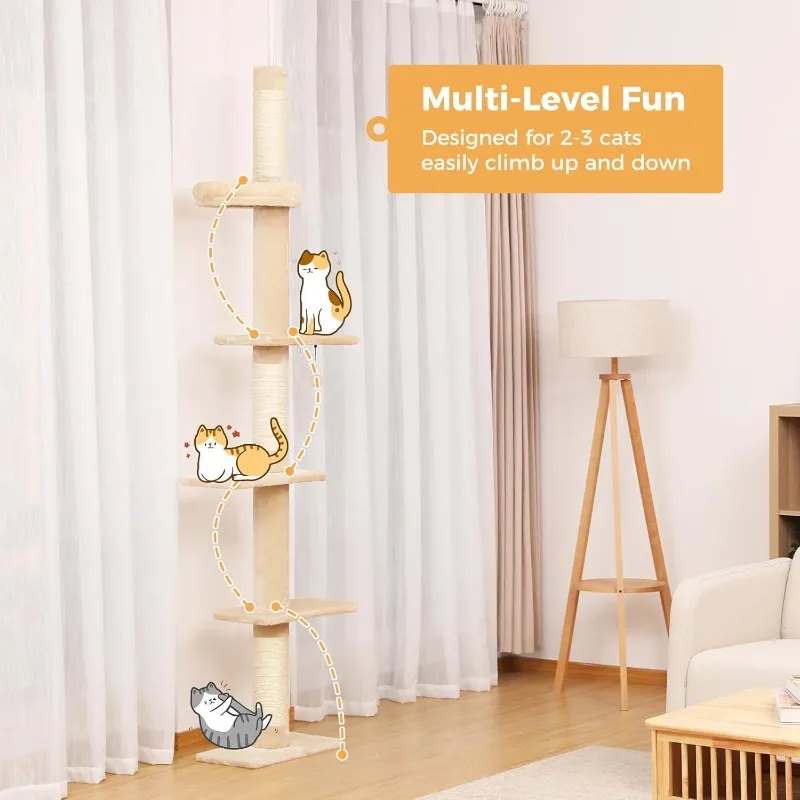 PETEPELA Floor to Ceiling Cat Tree, Cat Tower 5-Tier Height(95-107 Inches) Adjustable, Tall Cat Climbing Tree Featuring