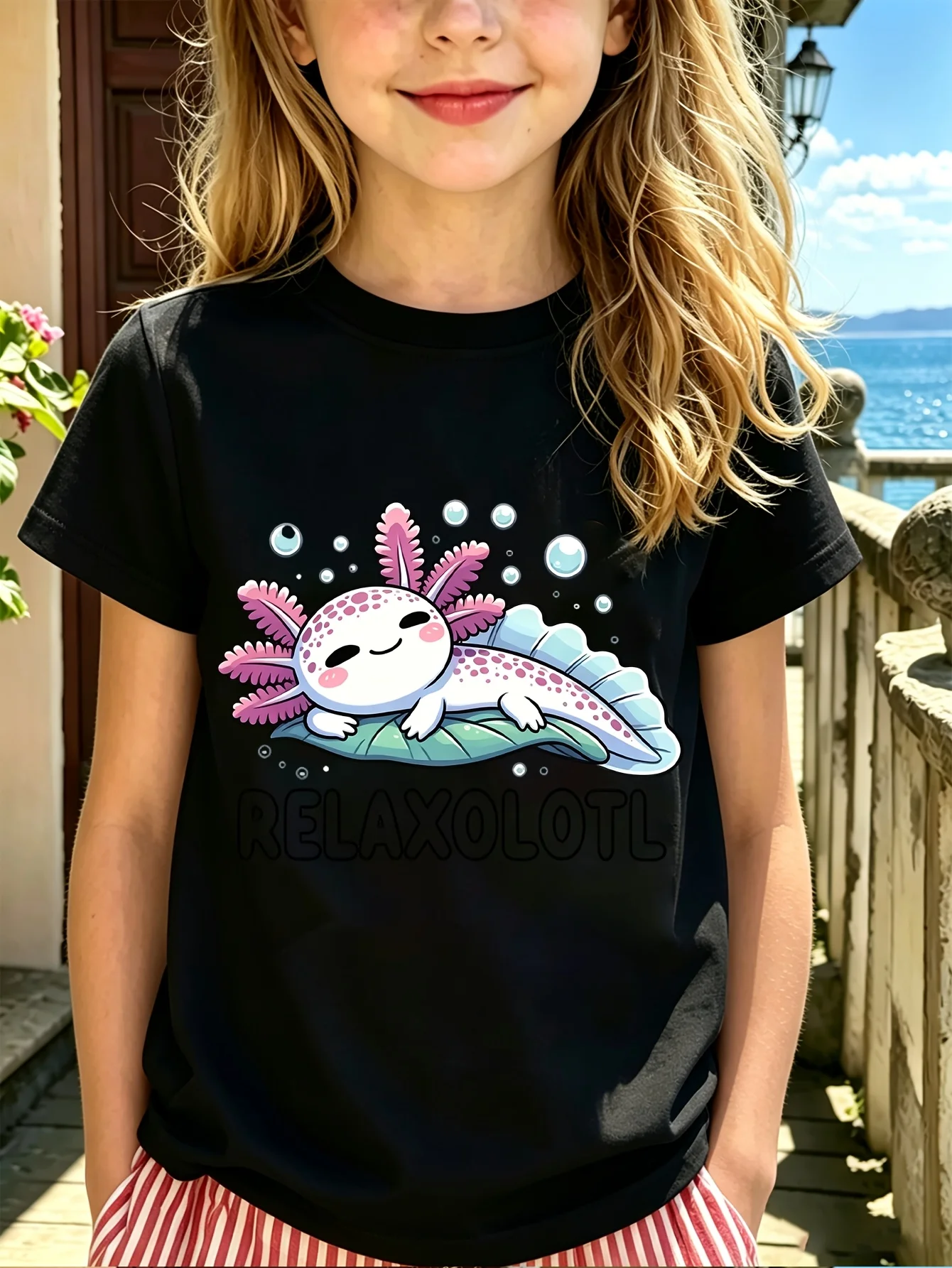 Kids Family Matching T Shirt Cute Relax Axolotl Leaf Bubble Print Short Sleeve Cotton Tops For Boys Girls Daily Casual Outfit