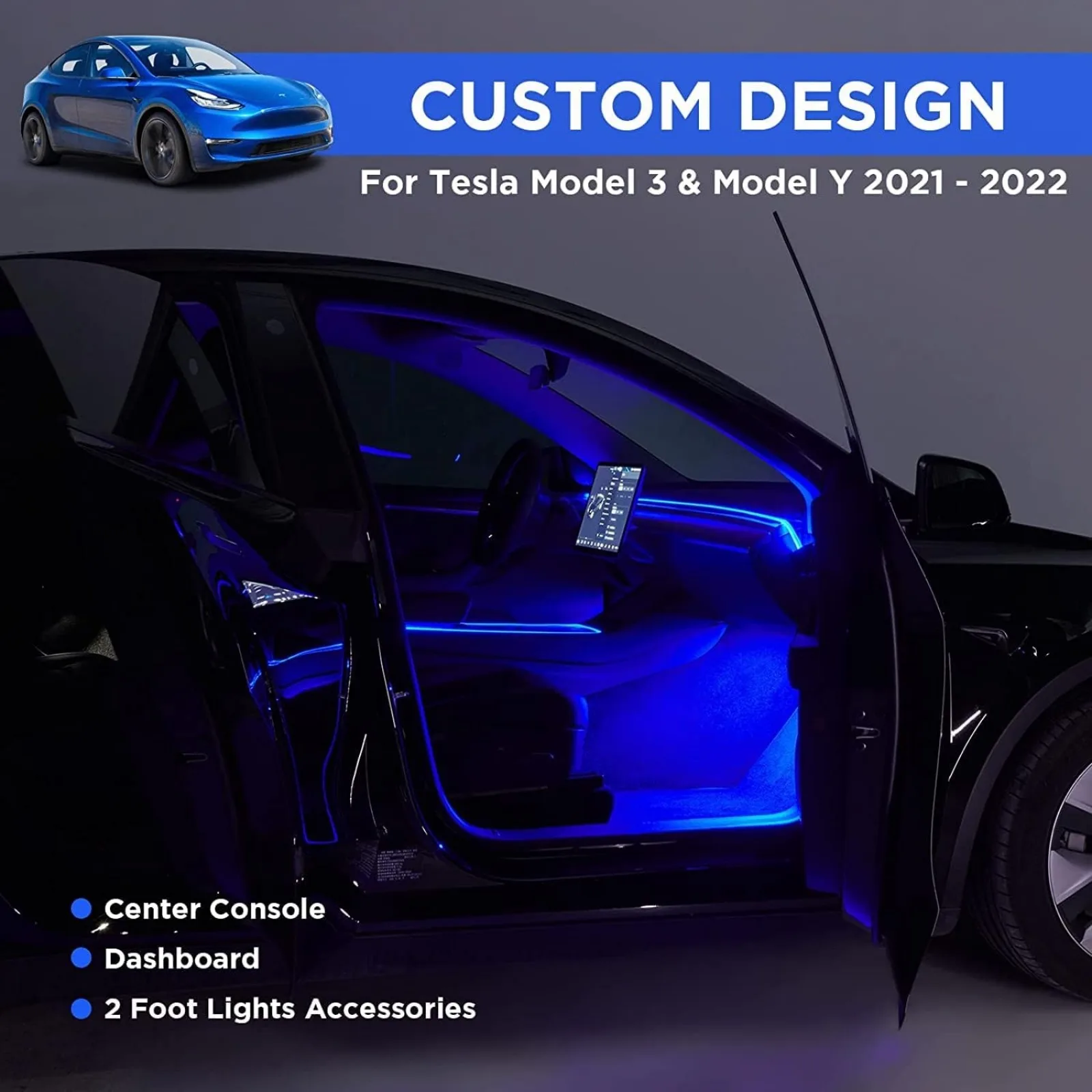 US 2016-2020 Tesla Model 3 Y أضواء النيون الداخلية للسيارة، (وحدة التحكم المركزية + لوحة القيادة + 2 أضواء القدم) مع منظم مسند الذراع المطابق