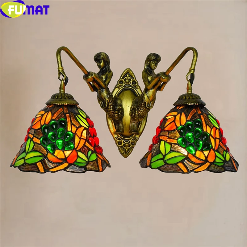 Tiffany Retro Mermaid Wall Lamp Vintage Stained Glass Grape Lampshade Wall Mounted Decor Sconce Indoor Bedroom LED Wall Light image 3