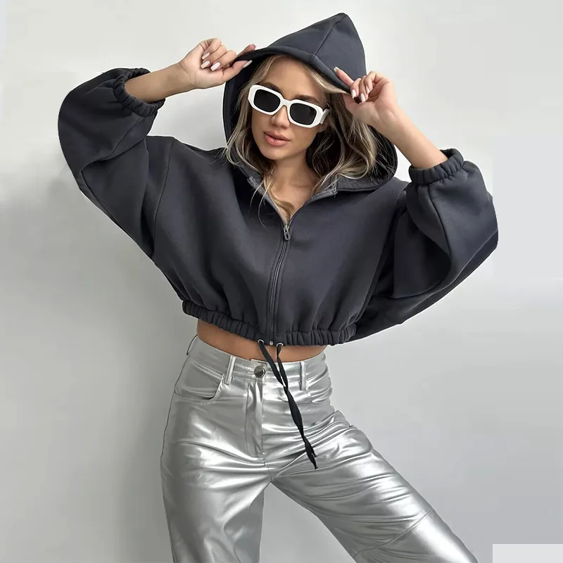 2025 Spring Autumn Women's Jacket Female Hooded Zipper Sweat Jacket Lady's Solid Color Cropped Coats Women's Cardigan Tops