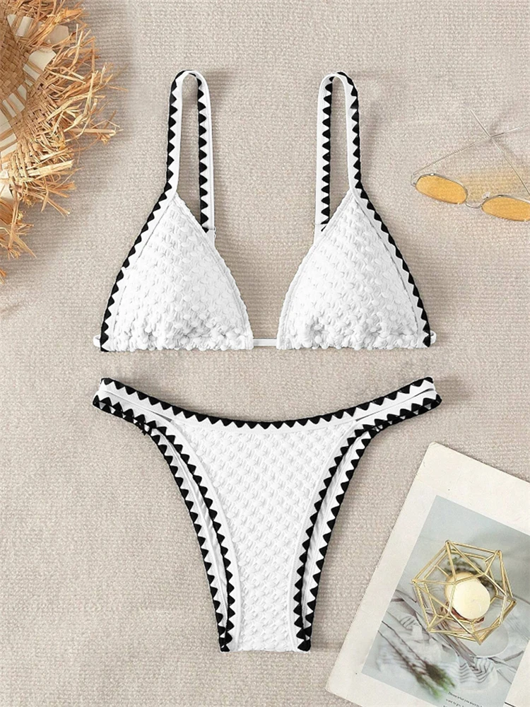 Conjunto de biquíni feminino monocromático com nervuras e 2 peças, moda praia sexy de cintura alta, maiô feminino, novo, verão, 2024