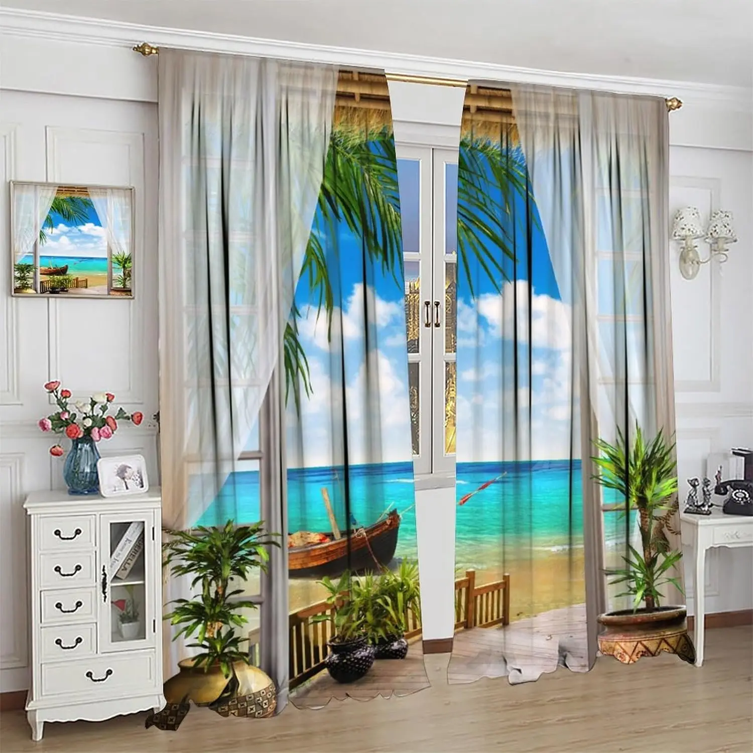 Curtain Seaside Ocean Sea Hawaiian Sunset Tropical Palm Tree Scenery Barn Door Rustic Window Treatments for Bathroom Bedroom