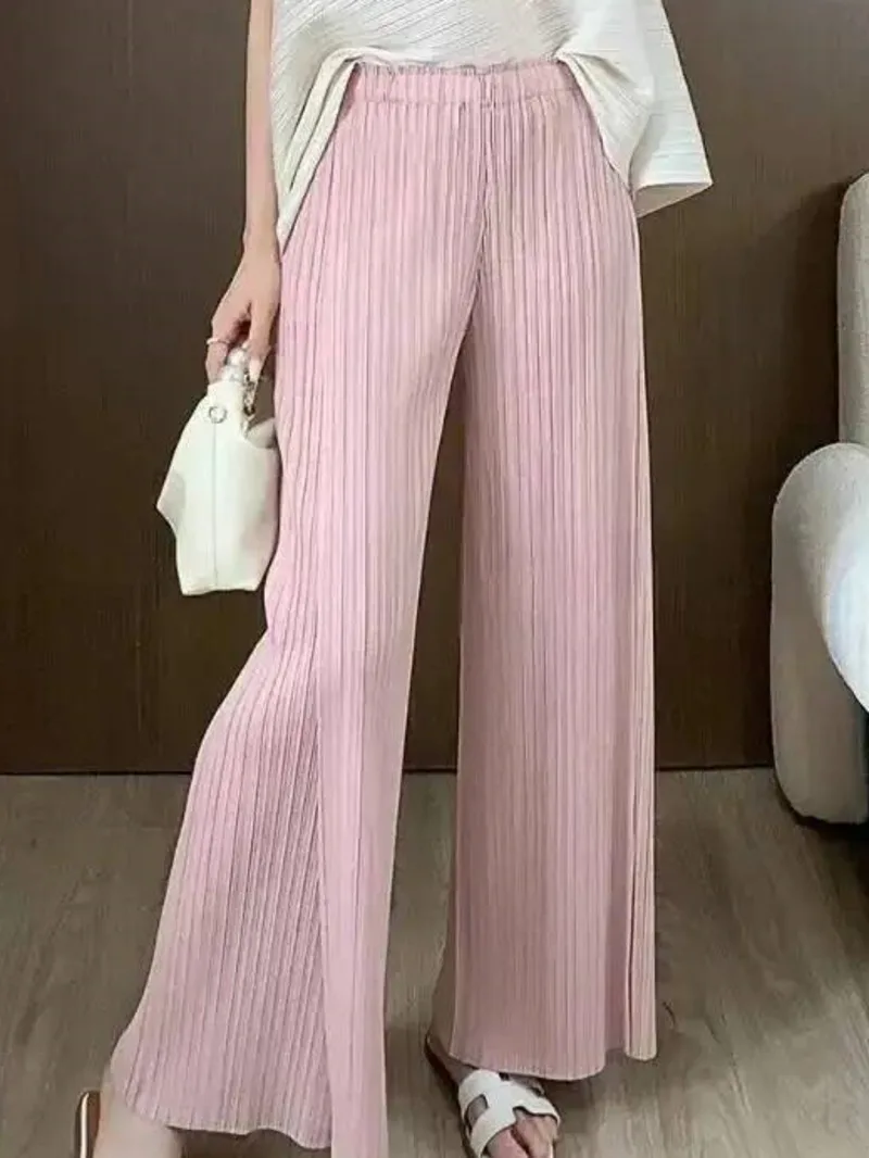 Damen Patchwork-Design Plissierte Hose mit Elastischem Hohem Bund Drapierte Gerade Weite Hose 2025 Schick Neu 23PAN