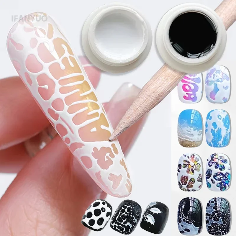 레이스 홀 블랙 화이트 네일 포크 네일 아트 글루 버블 오션 웨이브 패턴 홀로우 페인팅 아트 젤 UV LED 프라이머 소크 오프 바니쉬