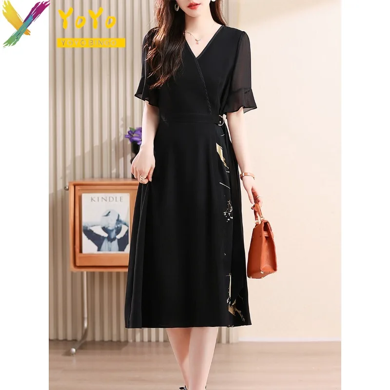 

Elegant Chiffon Black V-neck Trumpet Sleeve Belt Stitching A-line Dress 2024 Summer Fashion Slim Bodycon Casual Office Dress