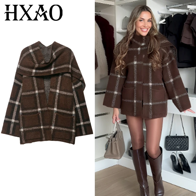 

HXAO женский свитер, клетчатый шарф, кардиган, осень 2021, вязаные кардиганы с длинными рукавами, большие размеры, верхняя одежда, модные трикотажные изделия большого размера