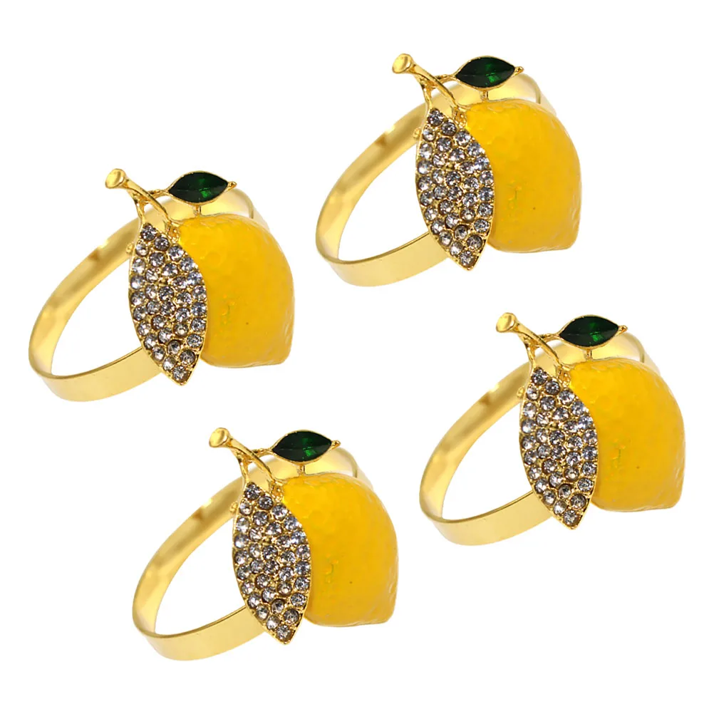 

4 pcs Lemon Napkin Rings Alloy Resin Rhinestone Elegant Table Decor For Wedding Summer Party Tropical Farmhouse Style
