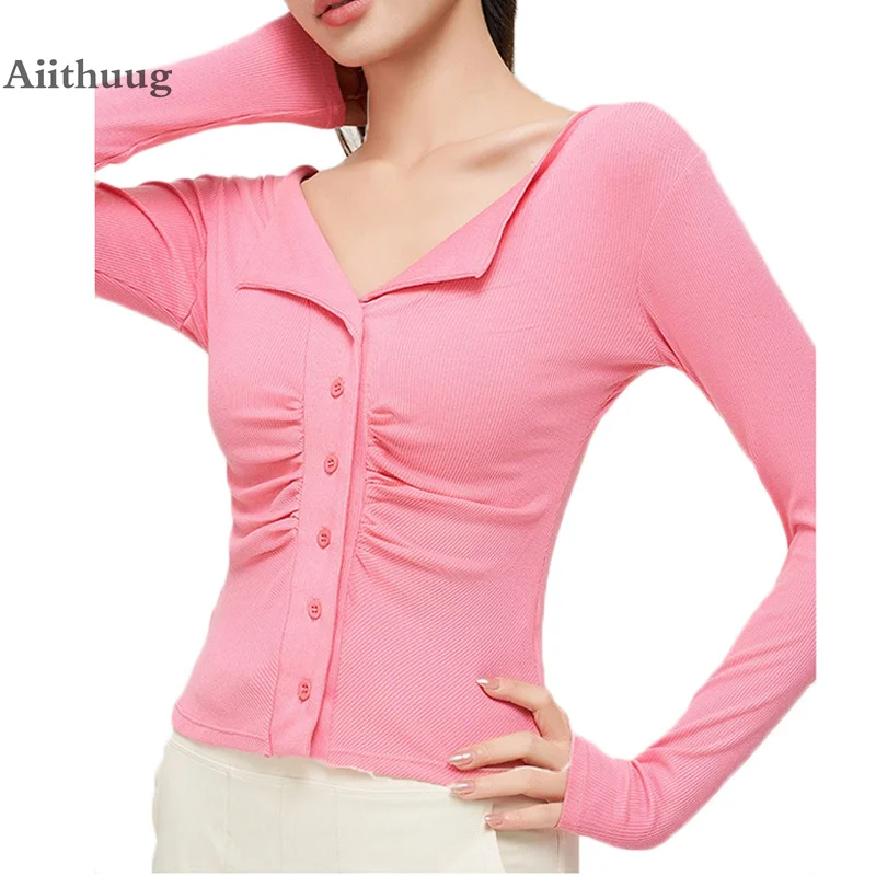 

Aiithuug Yoga Shirt Ribbed Gym Long Sleeve Button Wrinkle Front Elegant Shoulder Workout Tops Pilates Shirts Soft Breathable