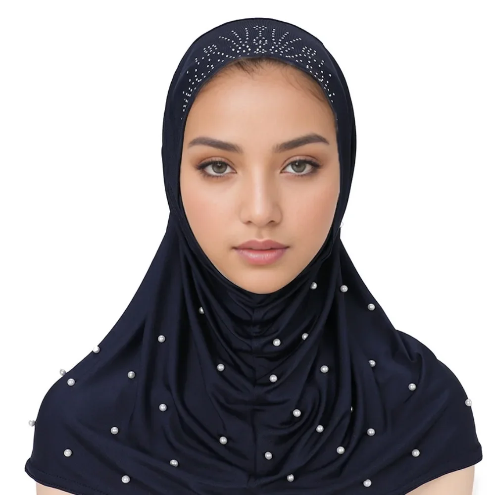 New Nailed Pearl Solid Color Bag Chin Convenient Headscarf, Malaysian Indonesian Bottom Cap Instant Hijab