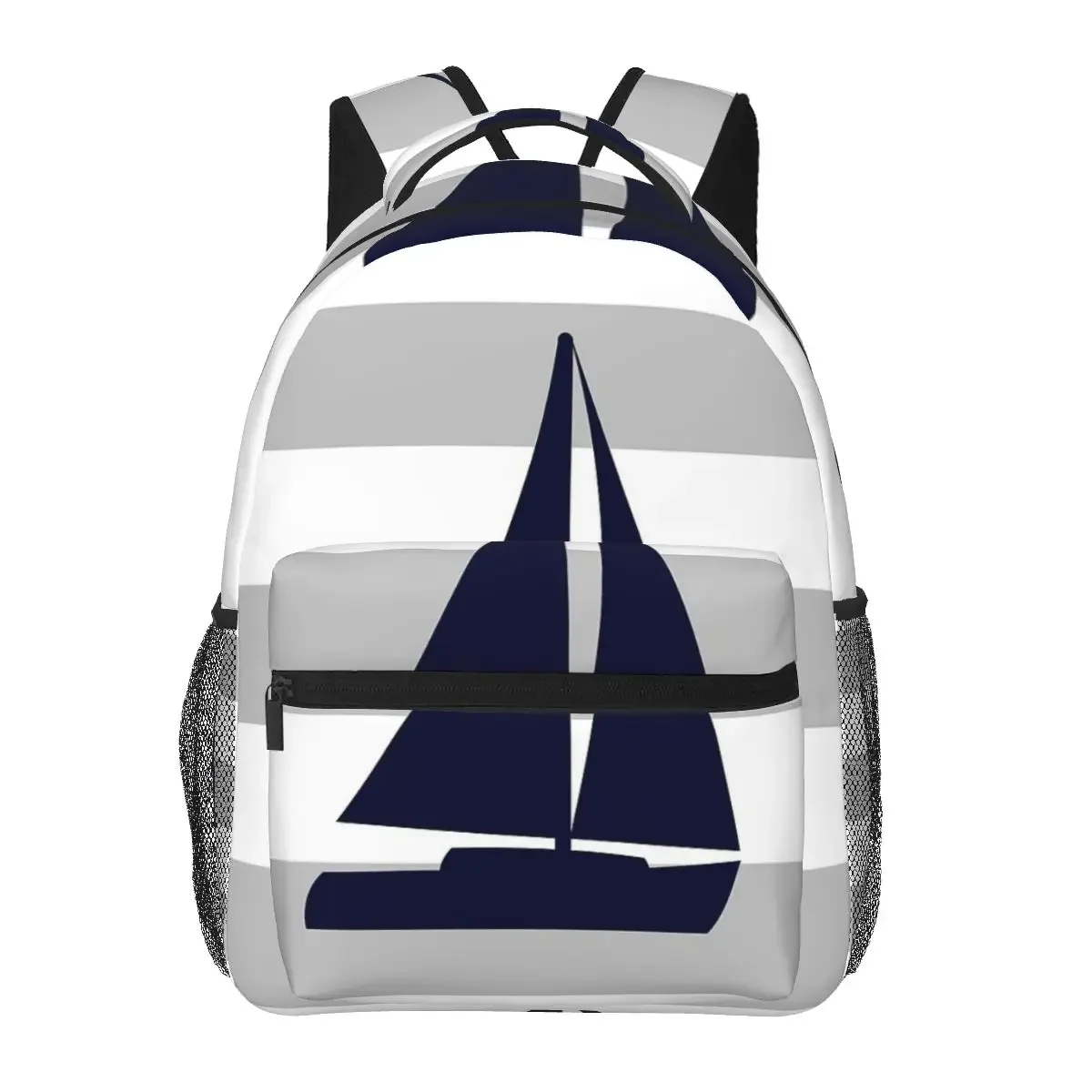 Nautical Navy Blue Sailboat On Silver Gray Stripes Backpacks Boys Girls Bookbag Students School Bags Rucksack Shoulder Bag