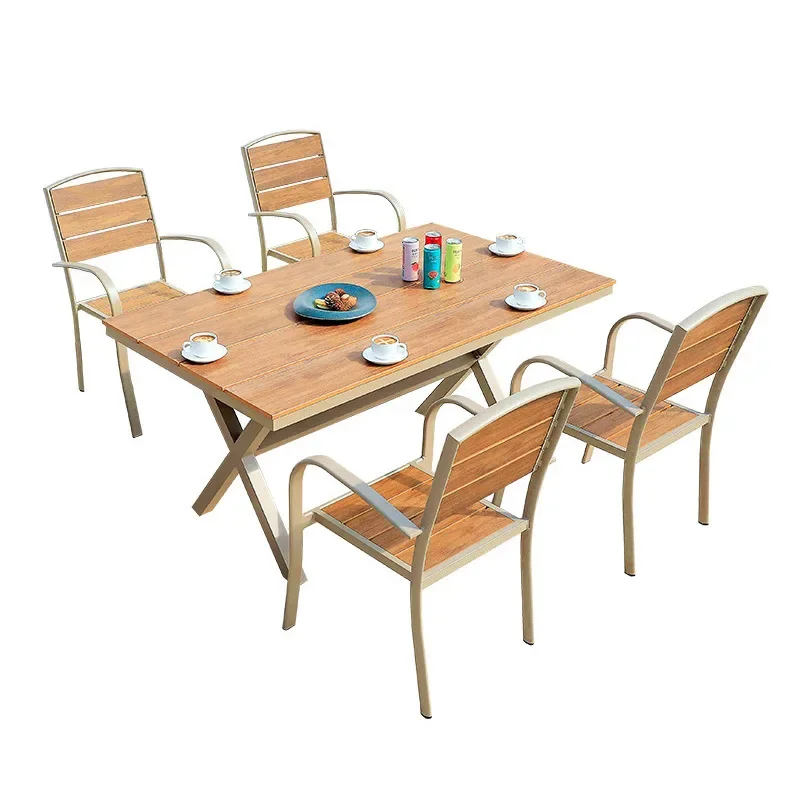 

Outdoor waterproof plastic wood tables and chairs milk tea shop open-air restaurant tea villa courtyard garden sun protection ba