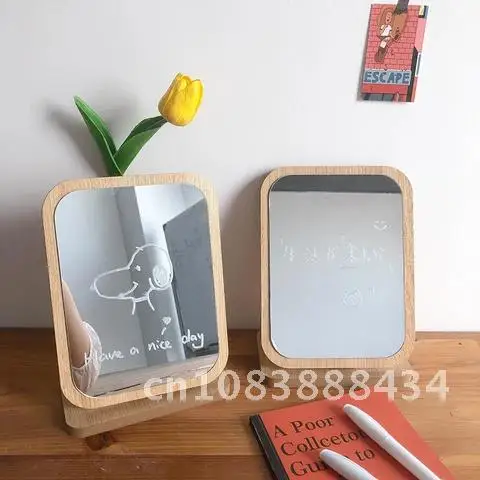 Wooden Vanity Makeup Mirror with Free Doodle Pen for Simple Desktop Bedroom Mirrors Home Decor Espejo Para Maquillarse