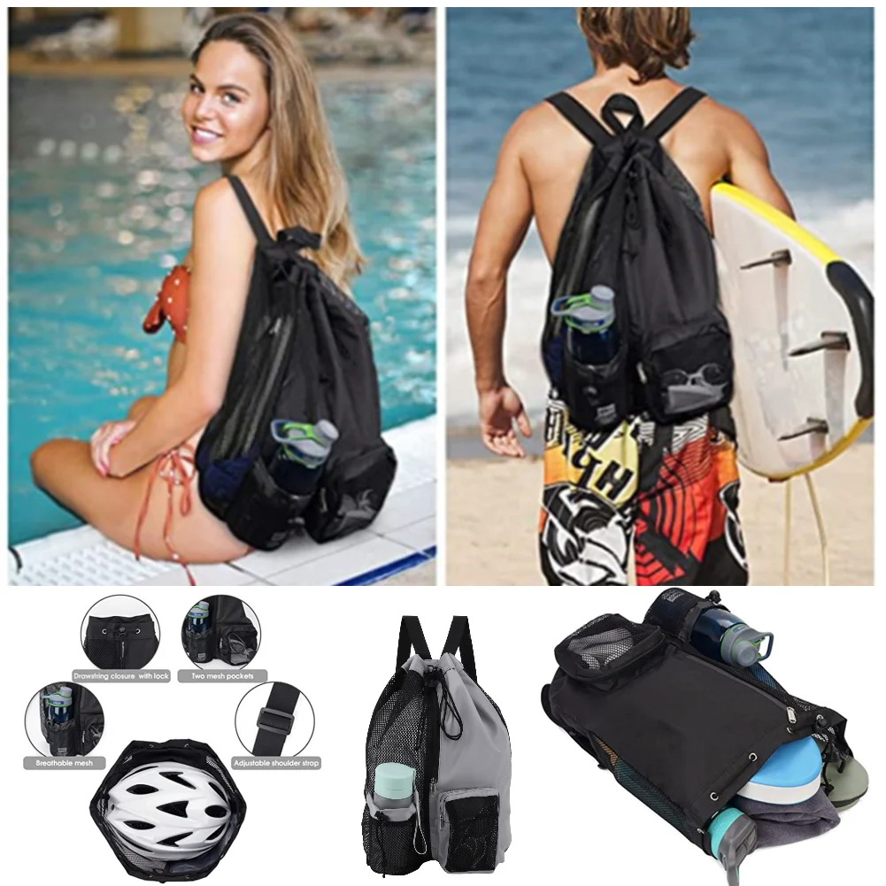 Trendy Swimming Bag Mesh Drawstring Backpack with Wet Bag Beach Backpack Unisex Outdoor Fitness Equipment Bags