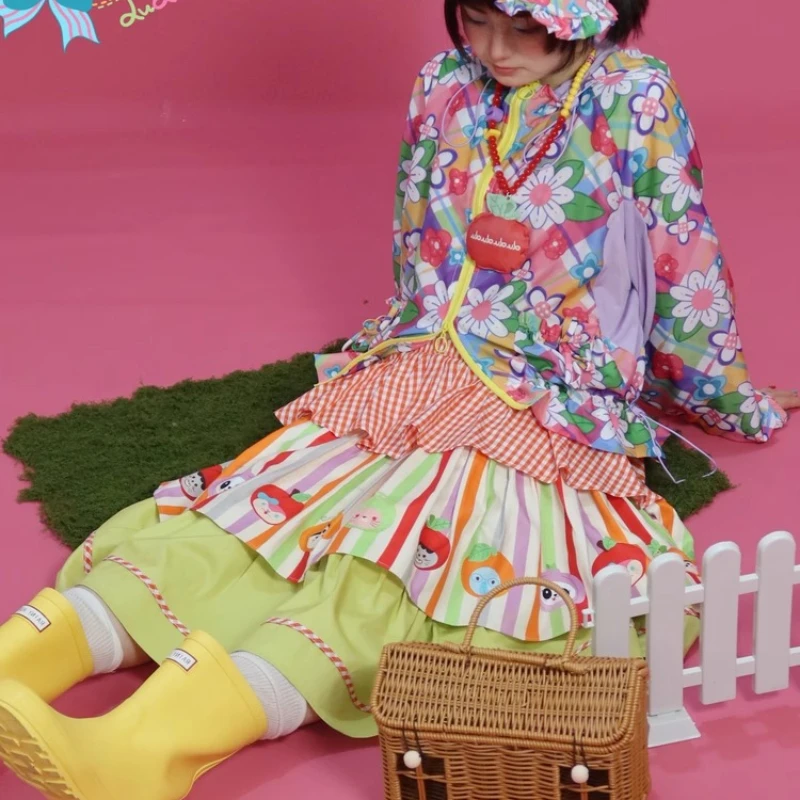 تنورة كعكة نسائية صيفية جديدة مطبوعة على شكل حيوانات لعام 2025 تصميم أصلي ملون ربط حلو لطيف لوليتا تنانير متوسطة الطول للسيدات