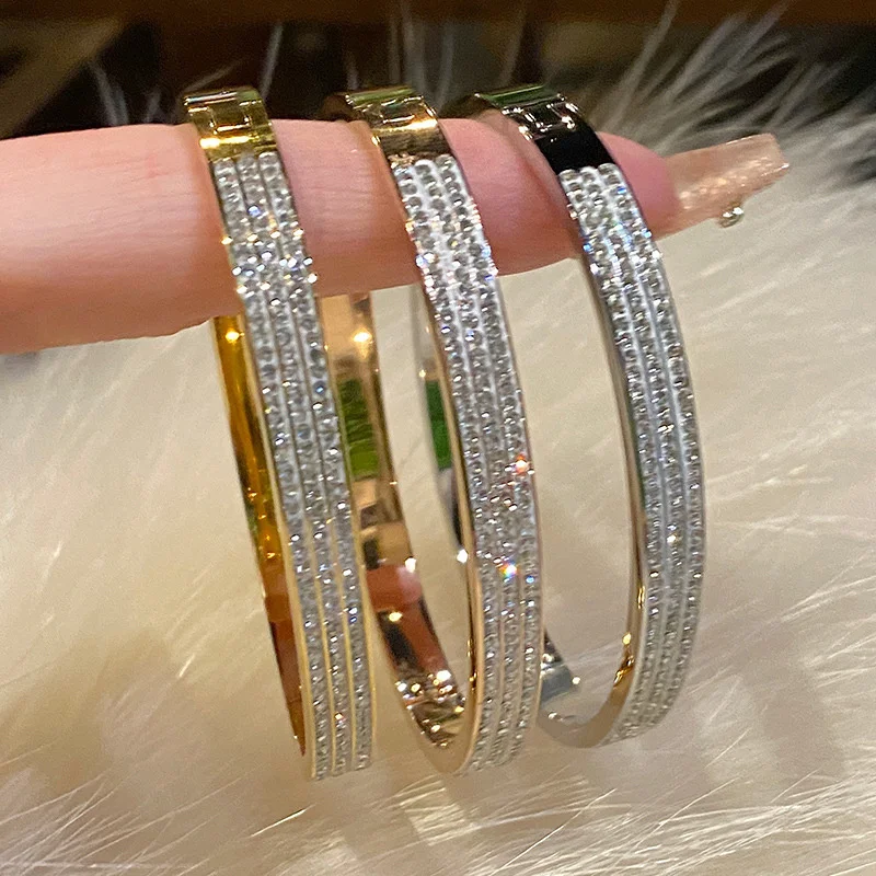 Fashion Light Luxury Temperament Three Layer Zircon Bracelet Opening Bangles For Women Jewelry Party Accessories Gifts