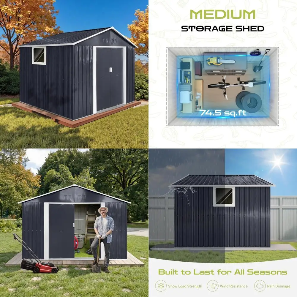 سقيفة تخزين معدنية متينة للاستخدام الخارجي مع نوافذ وأبواب قابلة للقفل للاستخدام في الحديقة والفناء الخلفي بجانب حمام السباحة في شركة أنثراسايت #1