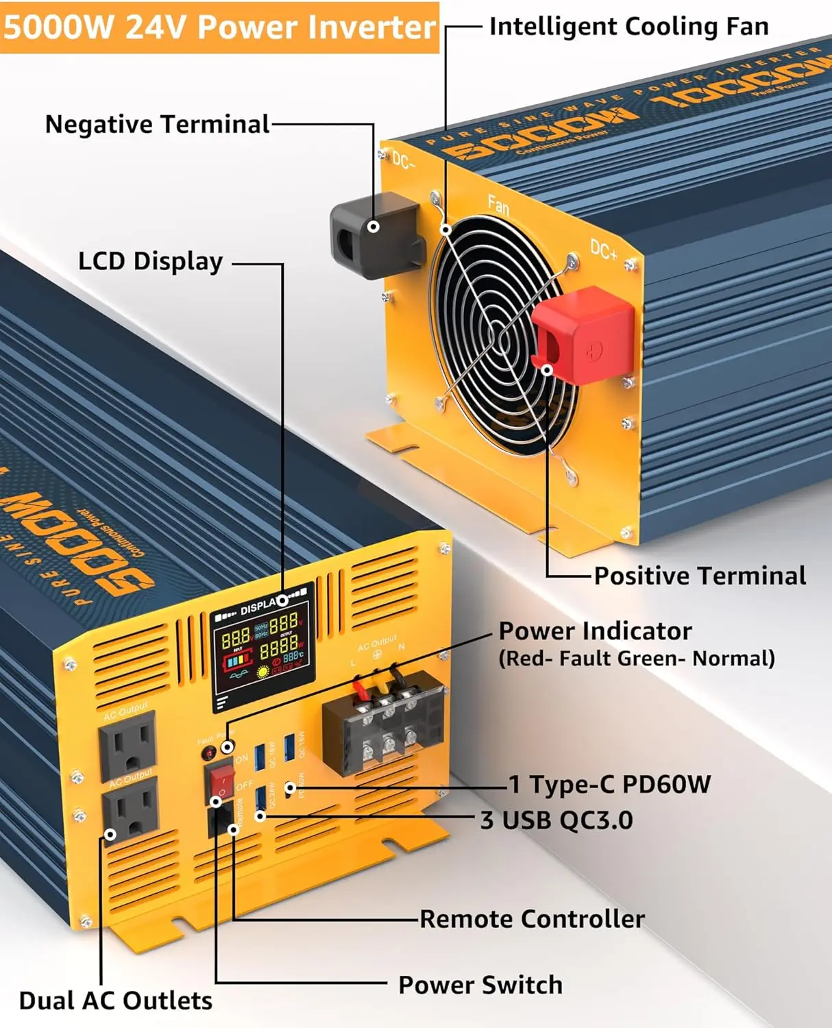 5000 Watt Power Inverter Pure Sine Wave 24V DC to 110V 120V 10000W Peak Heavy Duty Inverter with Remote Control and LED Display