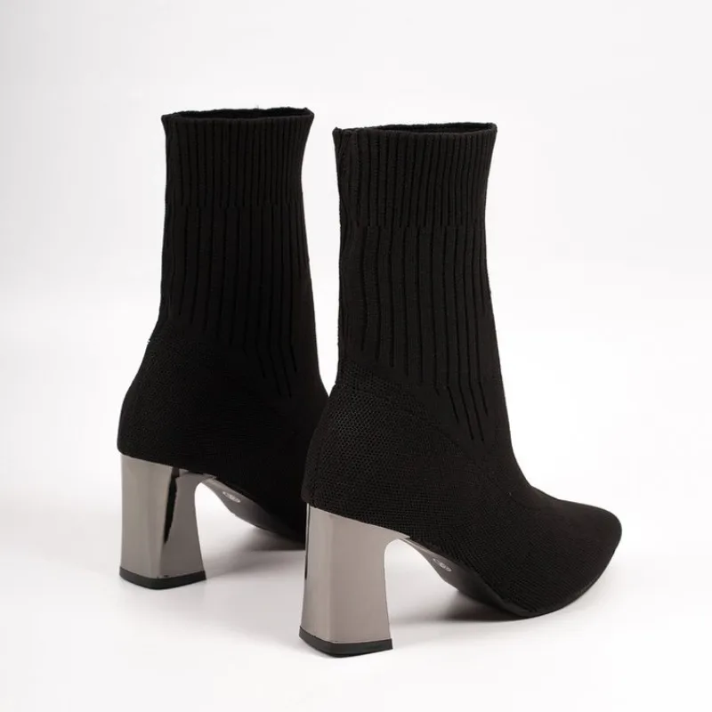 Damen 2026 Herbstmode Einfarbige Elastische Stiefel mit Spitze und Hohem Absatz, Markendesign Einfarbige Knöchelstiefel – Detail 7