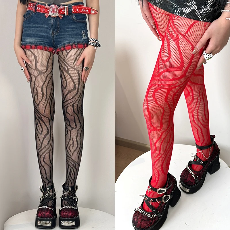 

Y2K Style Fishnet Stockings Women Striped High Waist Fishnet Tights 2025 Summer Fishnet Hollow Floral Thigh High Pantyhose
