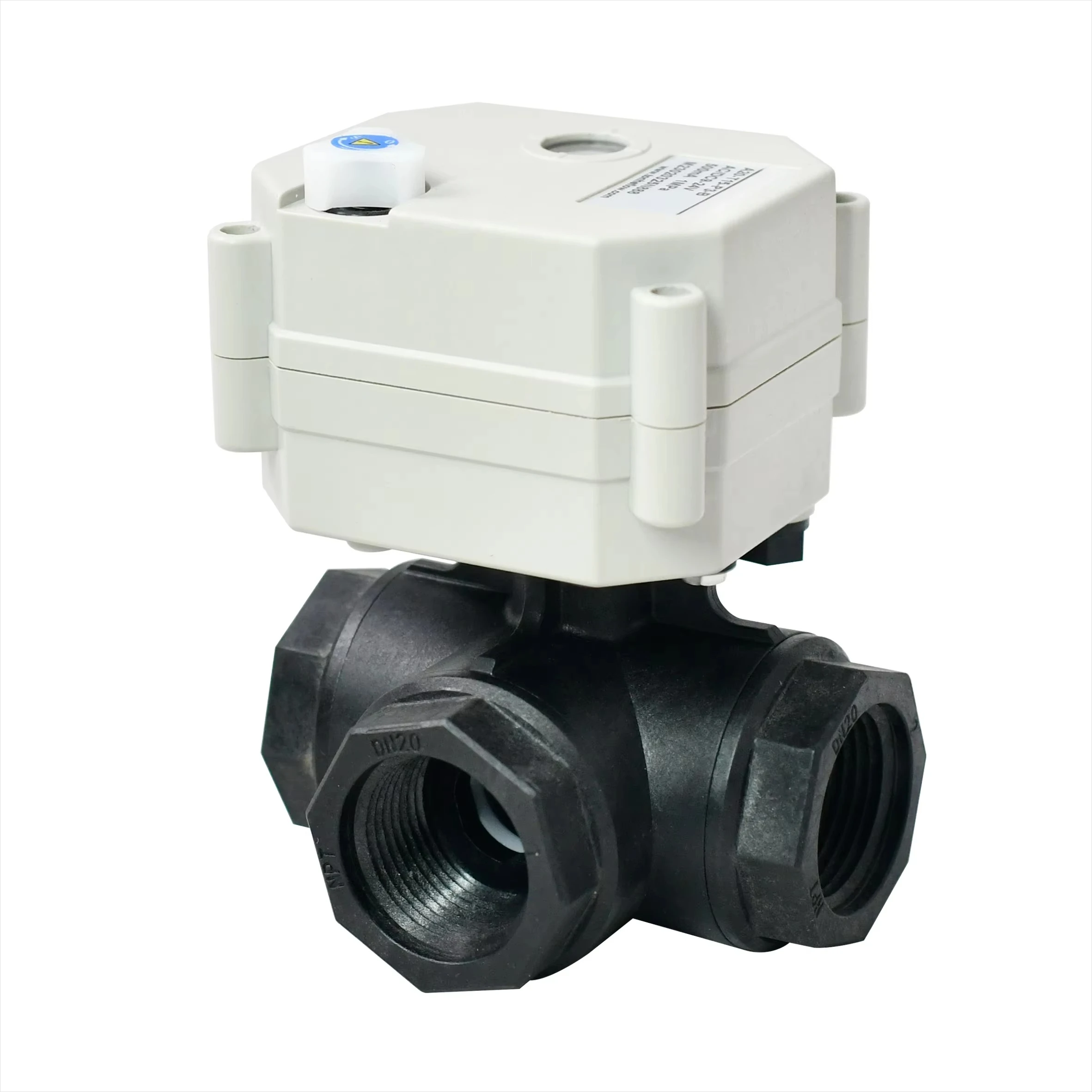 

A20-T20-P3-B 3/4" DN20 PPO PPE Plastic 3 Way L Port Electric Valve Motorized Ball Valve 24v DC with Manual Override