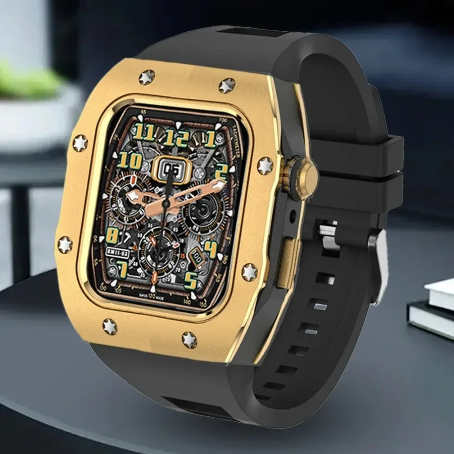 Rubber Strap+Metal Case For Apple Watch Band 44mm 45mm Modification Kit Bracelet For iWatch Series 9 8 7 SE 6 5 4 Diy Modified