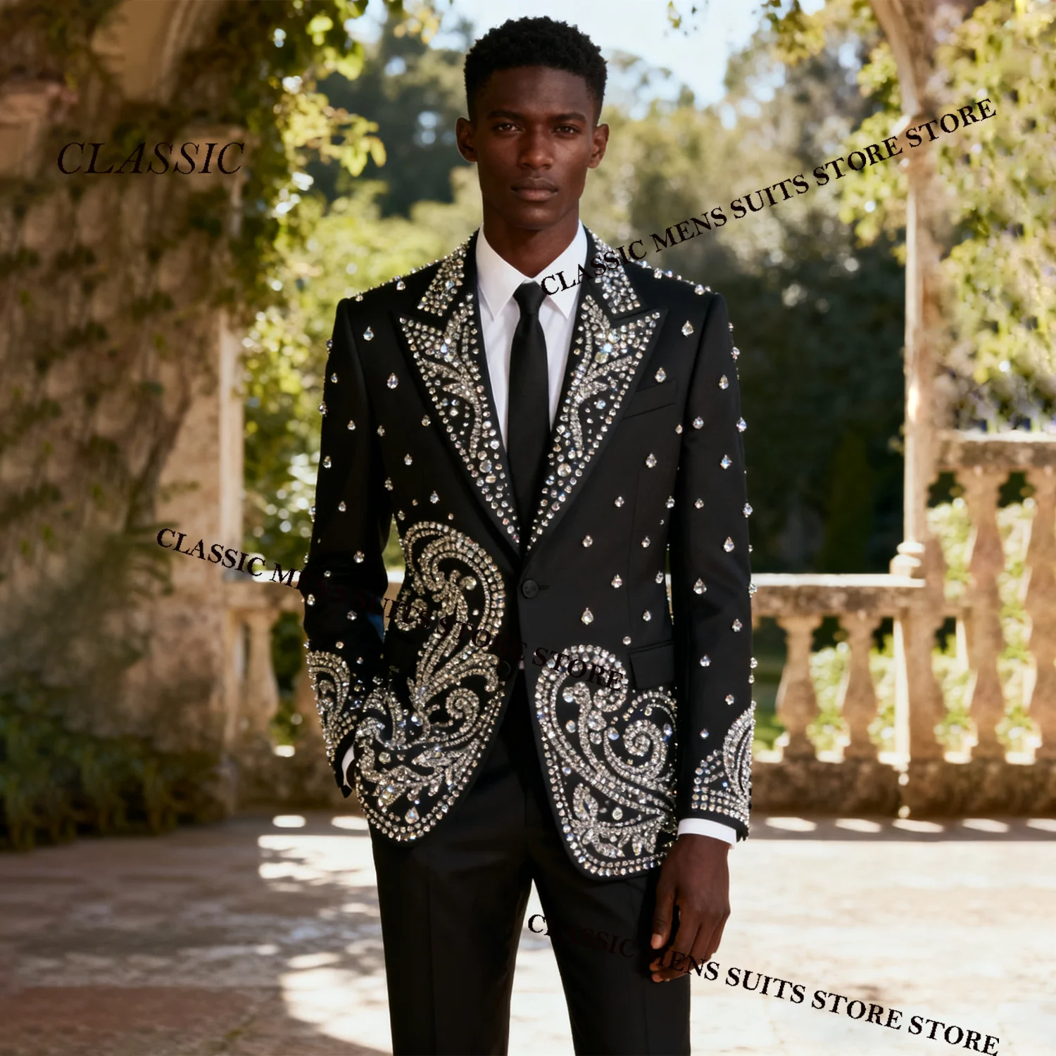 

Elegant Metallic Jewelry Ornament Tuxedo Men Suits 2 Piece Customized Wedding Groom Male Prom Blazer Slim Party Ternos Completo