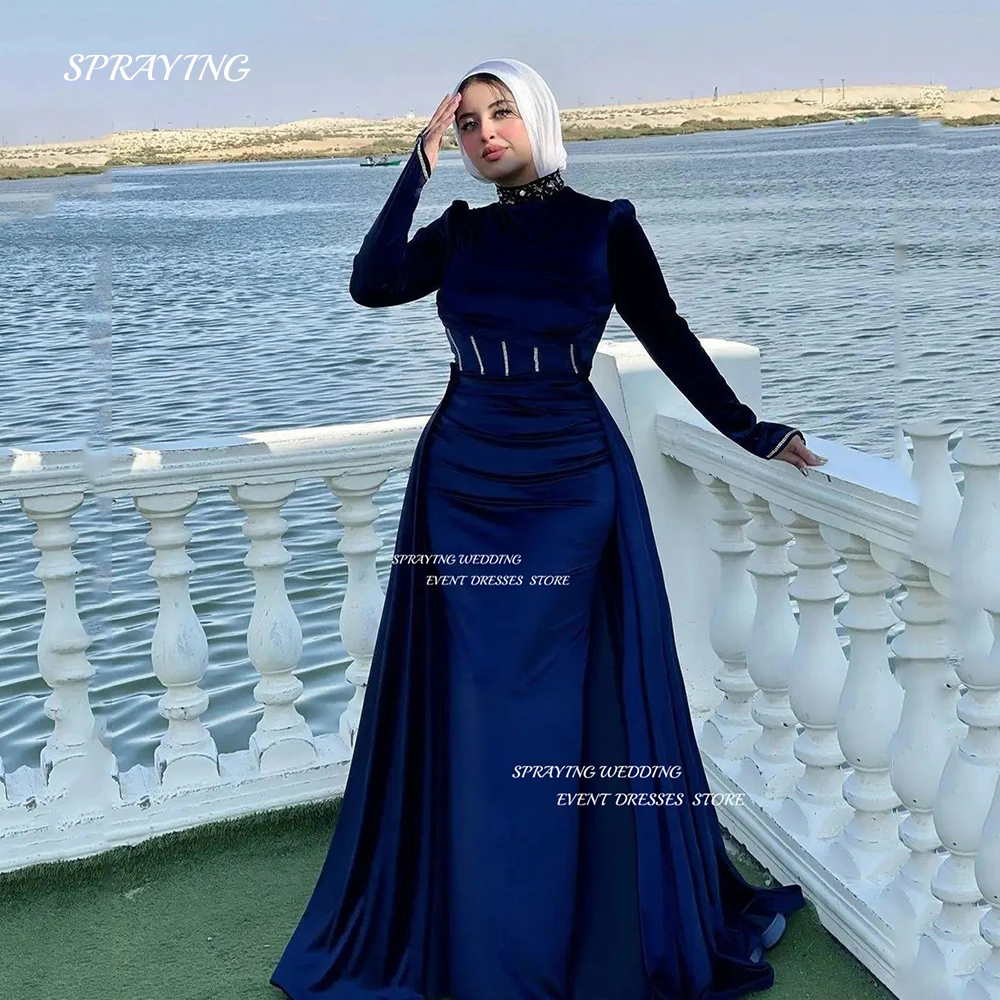 

SPRAYING Blue Velour Muslim Evening Dress Shiny Beads High Neck Prom Gown Sheath Formal Occasion Dresses With Veil Custom Made