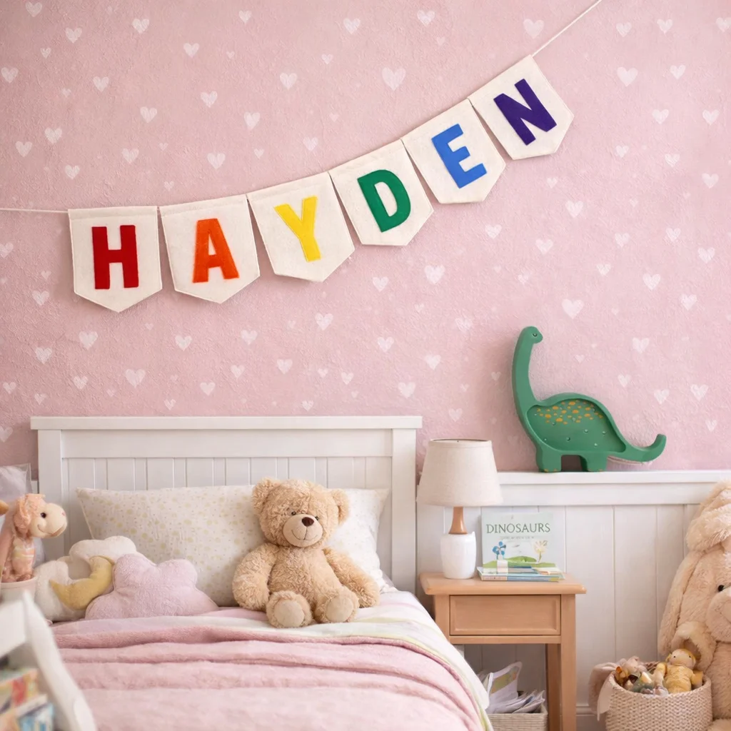 Personalized Nursery Birthday Gift Pastel Felt Name Bunting Large Felt Flag Garland Girls Room Banner Decoration Pink Handmade
