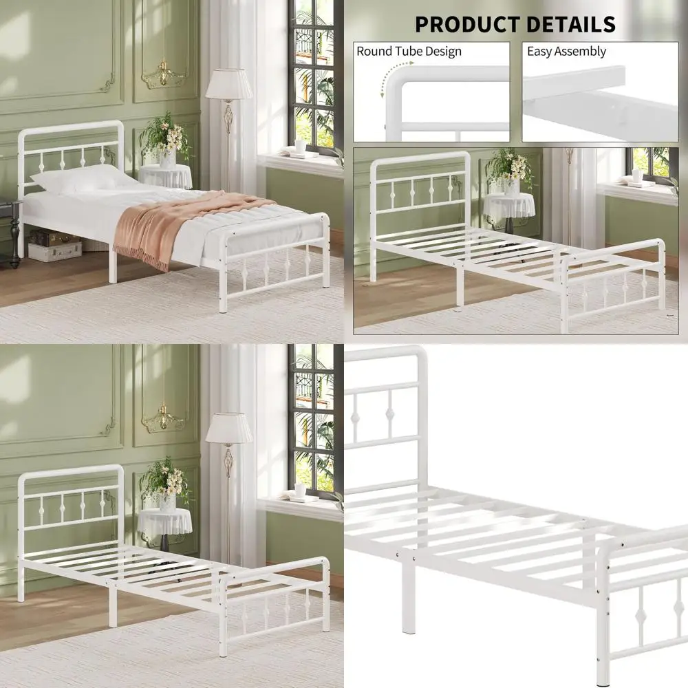 

12-дюймовый сверхмощный двойной металлический каркас кровати XL с изголовьем, изножьем и бесшумным основанием для матраса, простая сборка, белый