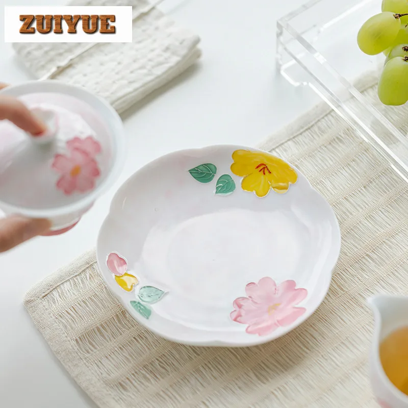 Hand-painted Pink Flower Pot Bearing Holder Japanese Arita Porcelain Dry Brew Tray Fruit Snack Plate Kung Fu Teaware Accessories